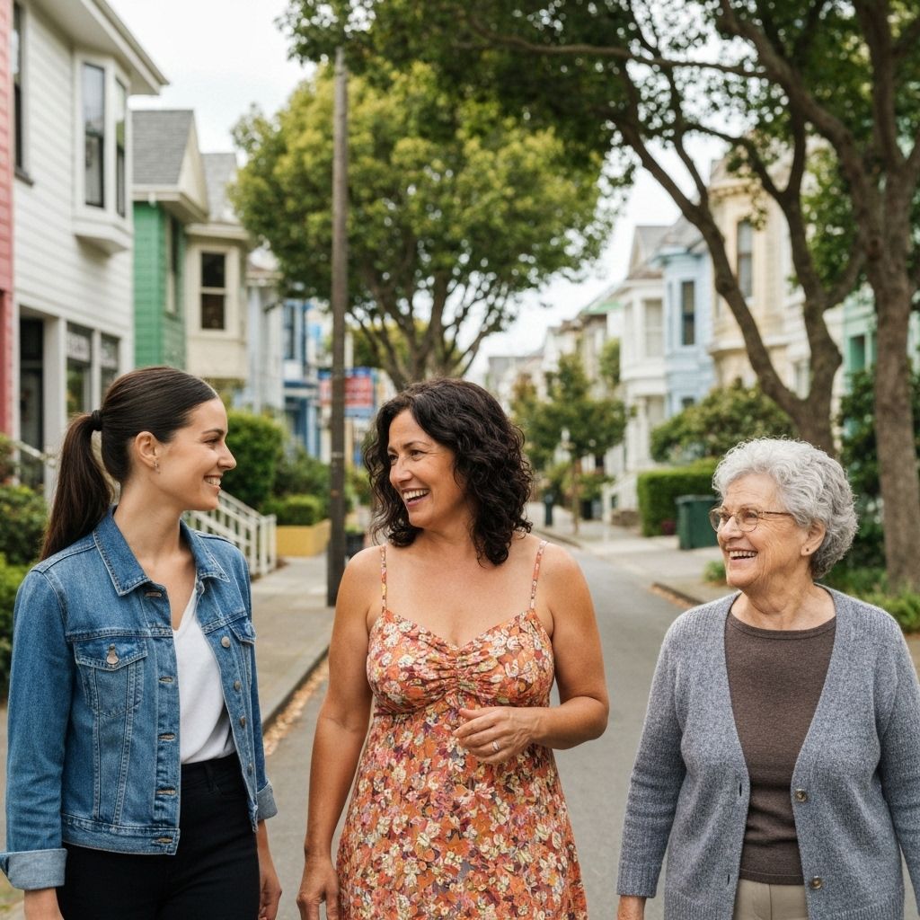 Three women walking together through a friendly neighborhood